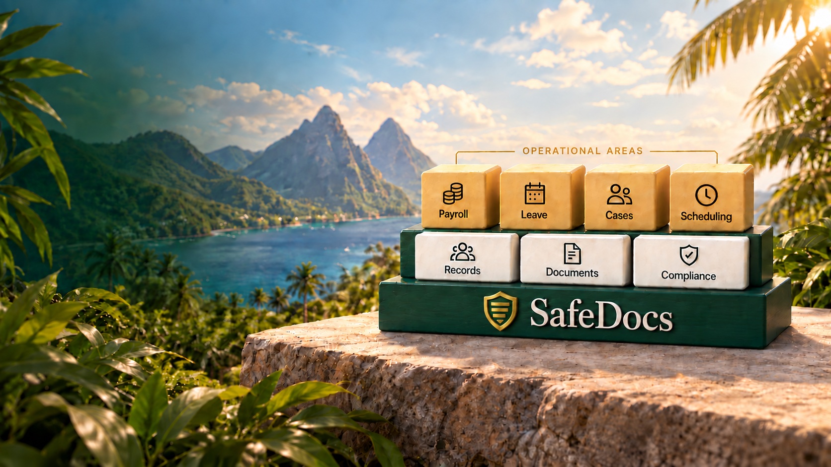 Payroll, Leave, Case Management and Scheduling blocks resting on Records, Documents and Compliance, built on the SafeDocs foundation, overlooking a Saint Lucia bay